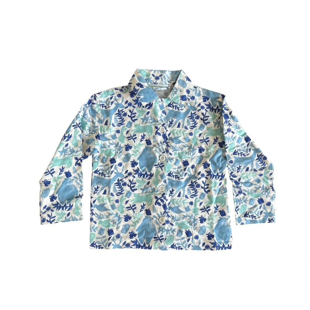 Garnet Hill Kids Pajama Top‎ Blue Teal Reindeer Winter Print Cotton Blend Size S